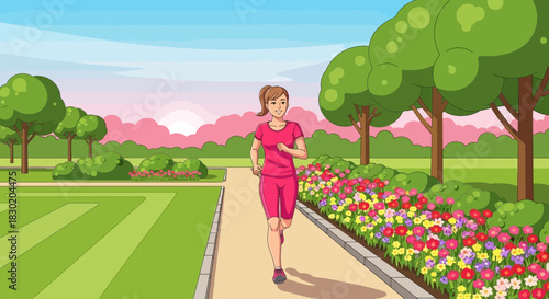 Cartoon illustration of a woman jogging in a scenic park during sunrise