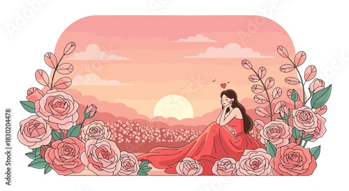 Dreamy sunset scene with woman in roses garden, romantic and serene illustration
