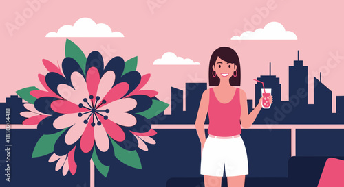 Modern digital illustration depicting youthful woman enjoying city skyline view