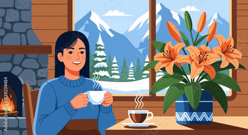 Cozy winter retreat: A moment of tranquility in a snowy cabin setting