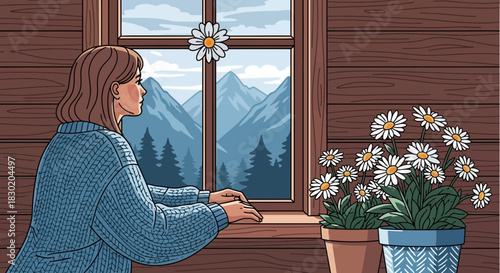 Contemplative woman gazes out window, embracing solitude and mountain view
