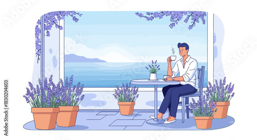 Mediterranean Morning: Man enjoys serenity with coffee and ocean view under lavender