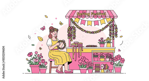 Delightful spring festival scene with woman crafting flower crowns at stall