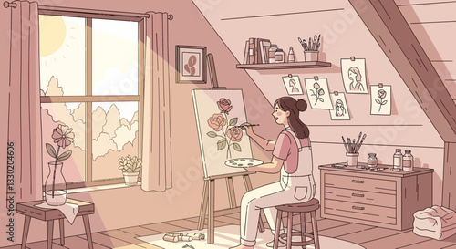 Artist painting roses in a cozy attic studio filled with warm sunlight and art supplies