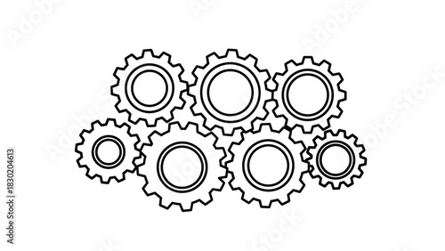 Black and white gears graphic illustration showcasing mechanical processes and motion