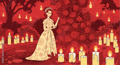 Enchanting illustration of a young woman in a garden with roses and candles