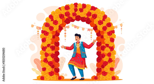 Joyful celebration under a festive floral arch at an Indian themed event