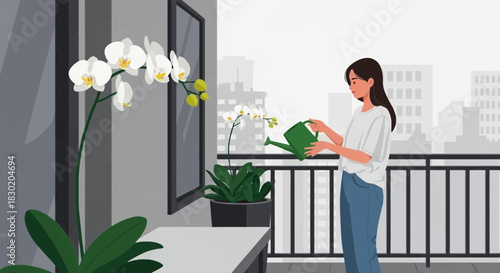 Illustration of a woman tending to orchid plants on a balcony in urban setting