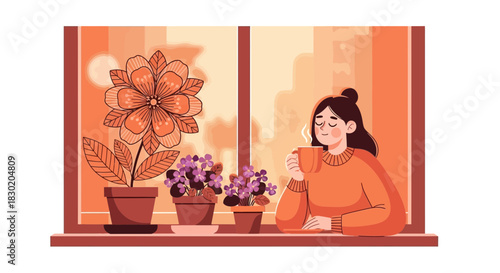 Cozy afternoon serenity, woman with cup, flowers, and warm colors near window