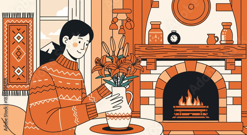 A cozy illustration depicting a woman arranging flowers in a rustic room