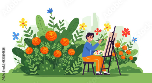 Captivating artist amidst floral canvas of creativity in nature setting