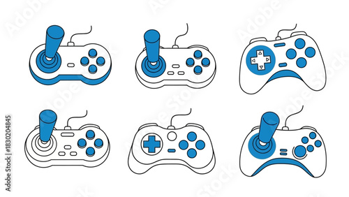 Collection of Hand-Drawn Retro Video Game Controllers in Blue and White Outlines