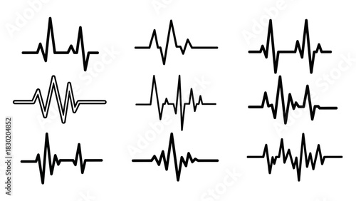 Collection of heart beat line illustrations, heart rate monitor displaying heart rhythm with