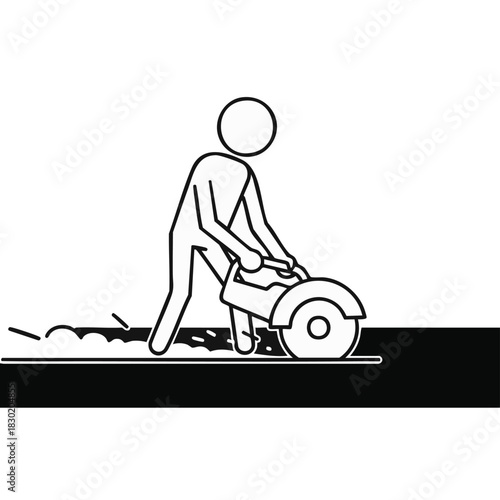 A simplified illustration depicts a construction worker using a circular saw to cut through a dark surface, creating a visual representation.