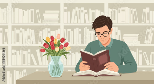 Man Reading a Book with Tulips on the Table in front of a Bookshelf