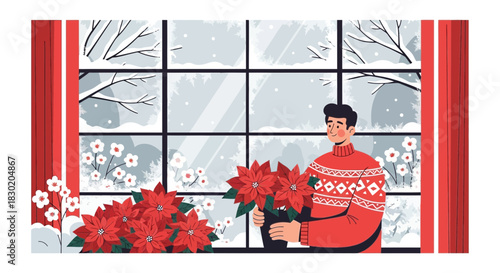 Festive cheer: Man admiring winter landscape with vibrant Poinsettias indoors