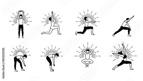 Collection of yoga poses in vector format offering various stretches and exercises for wellness