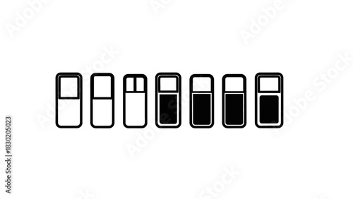 Conceptual battery charging level indicator in black and white showing the energy increasing