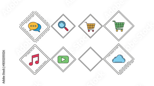 Colorful flat design icons with square frames representing different actions and applications