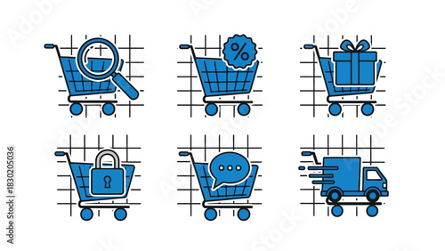 Conceptual digital illustrations showcasing modern online retail process and shopping experience