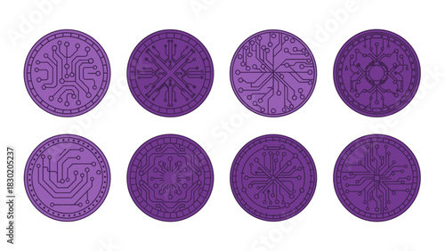 Cyberpunk Tokens: A collection of eight distinct, violet-hued digital currency designs showcasing