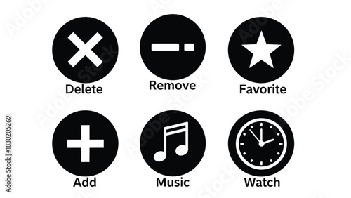 Vector illustration of collection of black and white icons for various functions