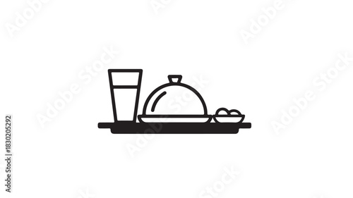 Food service icon a simple line drawing of a tray with a drink covered dish and side isolated on white