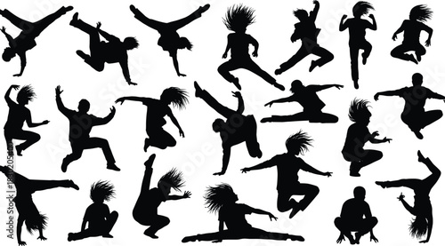Collection of Breakdance Dancers Silhouette Vector Icons: Energetic Urban Hip-Hop Performers Executing Powerful Spins, Handstands, Freezes, and Splits for Modern Entertainment and Sport Design