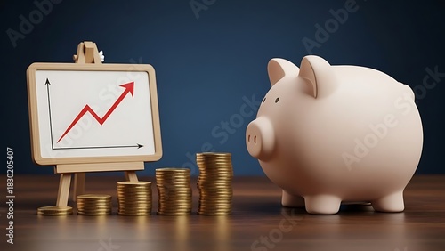 Visualizing financial growth and smart savings with a classic piggy bank, increasing stacks of gold coins, and an upward-trending chart, symbolizing successful investment and future prosperity
