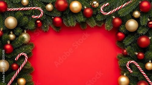 Festive Holiday Frame Christmas Ornaments and Candy Canes on Evergreen Branches