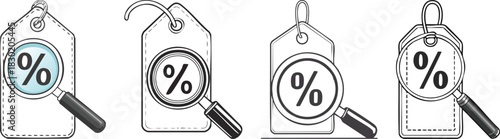 Magnifying glass over percentage tag icon illustrating discount search price checking promotional savings and bold minimal retail design