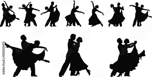 Ballroom dance silhouette vector set, elegant couple performing various waltz, tango, and formal dance moves, graceful male and female dancers icons, performance and competition graphics.