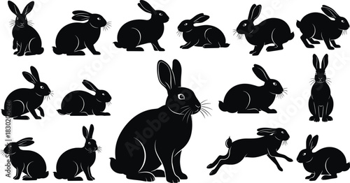 Black rabbit silhouette vector set, cute bunny in various poses like sitting, running, and hopping, isolated domestic and wild animal icons, simple graphics.