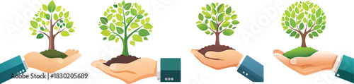 Hand holding young tree illustration symbolizing sustainability growth hope environmental care new beginnings and simple bold concept