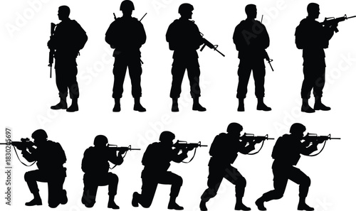 Black Silhouette Military Soldiers Vector Illustration Set, Army Special Forces Standing and Taking Aim, Infantry Combat Poses with Assault Rifles, War Graphic Element