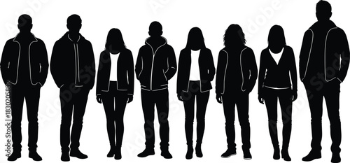 Casual Young People Silhouette Vector Illustration Set, Featuring Men and Women in Jeans and Jackets, Standing Together for Crowd, Group, and Social Interaction Concepts