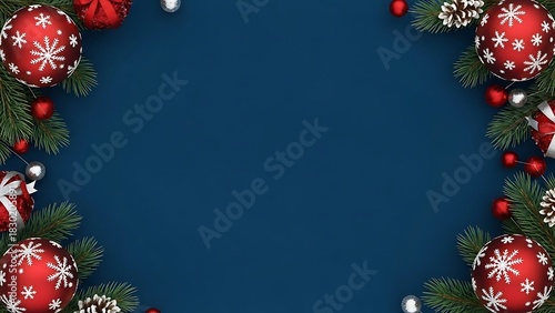 Festive Christmas Border Elegant Blue Background with Red Ornaments and Evergreens for the Holidays