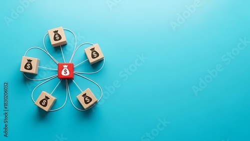 Visualizing financial network concepts with a central hub distributing funds to multiple money bag blocks, representing investment, resource allocation, and profit sharing strategies