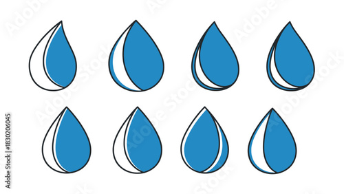 Graphic illustration showcasing water drops with varied shading effects in blue color