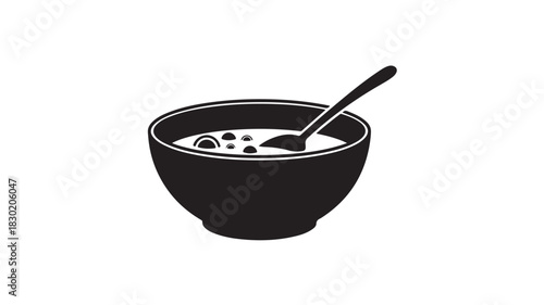 Black and white soup bowl with spoon a simple vector illustration for food-related designs isolated on white background