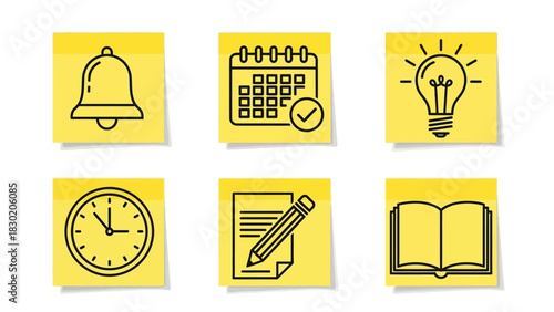 Iconic sticky notes for reminders planning and organization featuring education symbols
