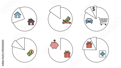 Illustrative Pie Charts Depicting Personal Finance and Budget Allocation Planning Concepts