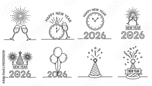 Illustrative New Year 2026 Greeting Card Design Set Featuring Celebratory Iconography