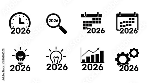 Illustrative representation of the year 2026 through icons, encompassing time, discovery and