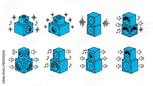 Isometric vector illustration of sound speakers with music notes and sound waves