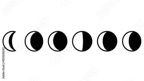 Lunar cycle illustration in black and white showing the phases of the moon process