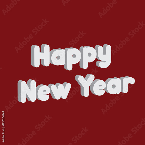 White 3D 'Happy New Year' text with a subtle drop shadow, centered on a solid, deep red or maroon background. Modern, minimalist, and volumetric holiday.