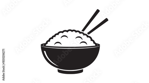 Bowl of rice with chopsticks simple black and white vector illustration perfect for Asian food menus and restaurant designs