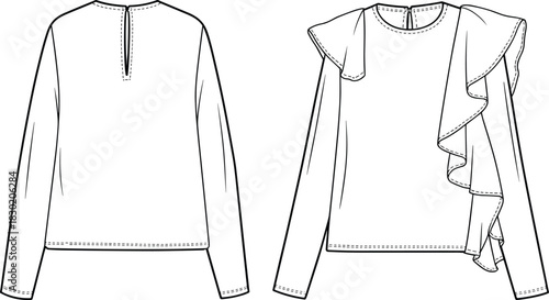Women's long-sleeve blouse fashion illustration technical CAD drawing with bold cascading diagonal ruffle detail flat vector template, front and back.