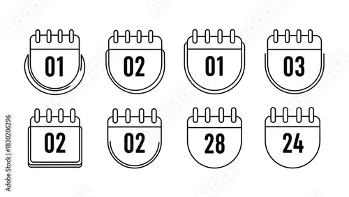 Minimalistic calendar icons showcasing different dates, isolated on white background for graphic